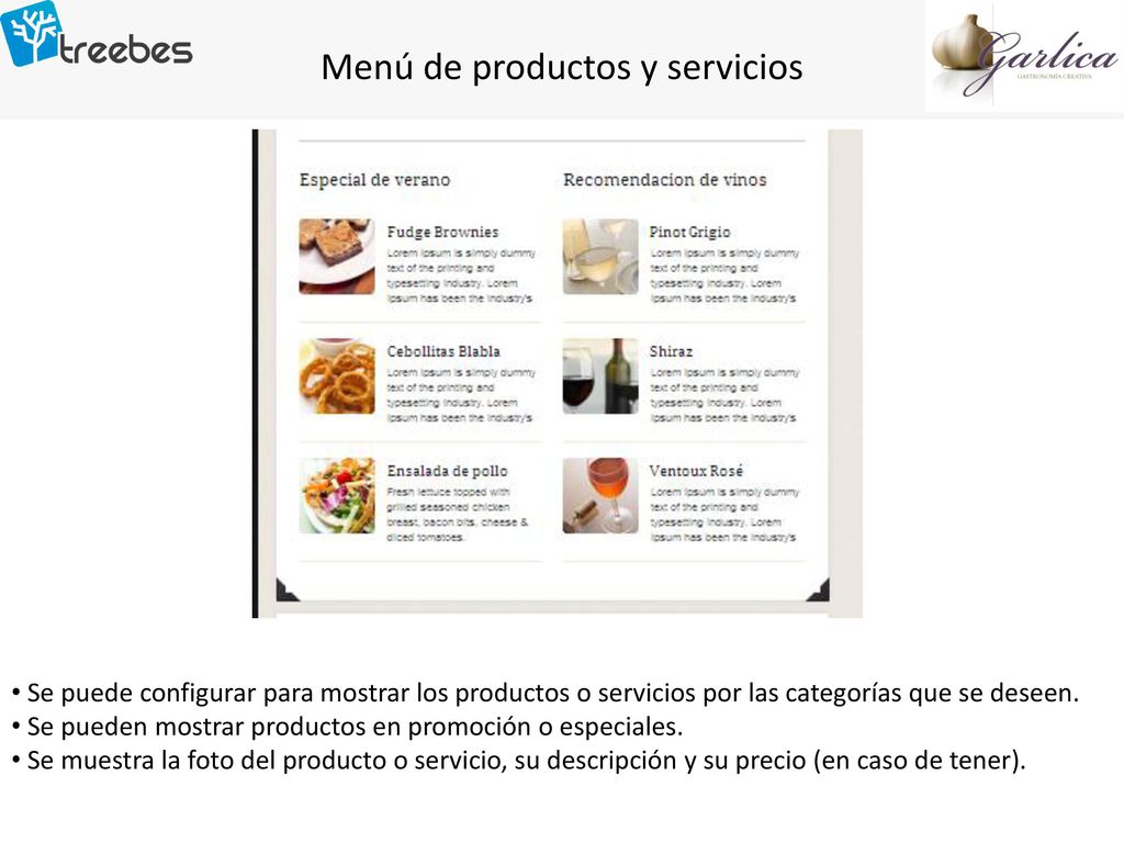 Menú de productos y servicios