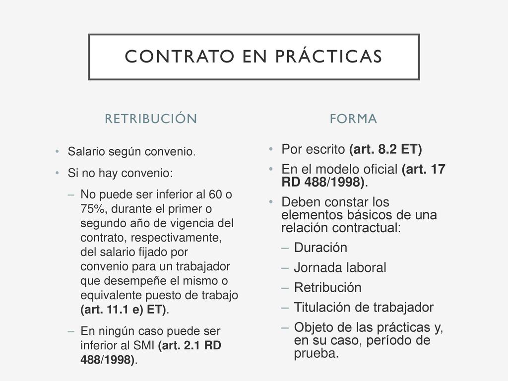 Contrato en prácticas RETRIBUCIÓN Forma Por escrito (art. 8.2 ET)