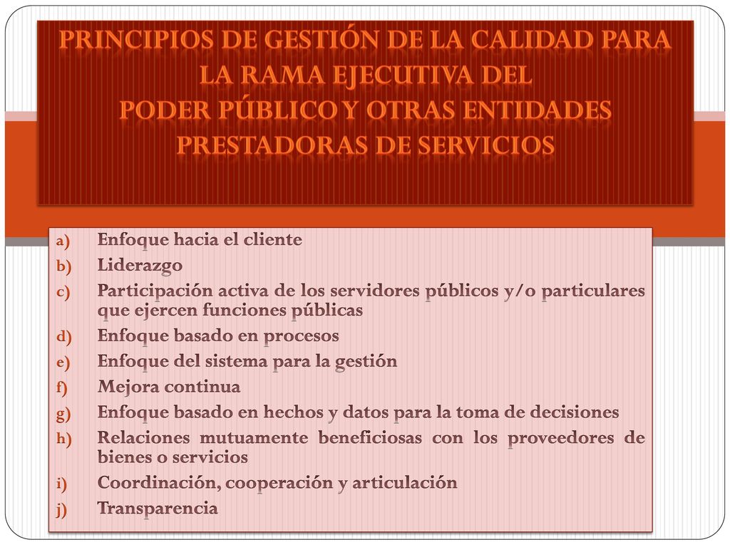 PRINCIPIOS DE GESTIÓN DE LA CALIDAD PARA LA RAMA EJECUTIVA DEL PODER PÚBLICO Y OTRAS ENTIDADES PRESTADORAS DE SERVICIOS