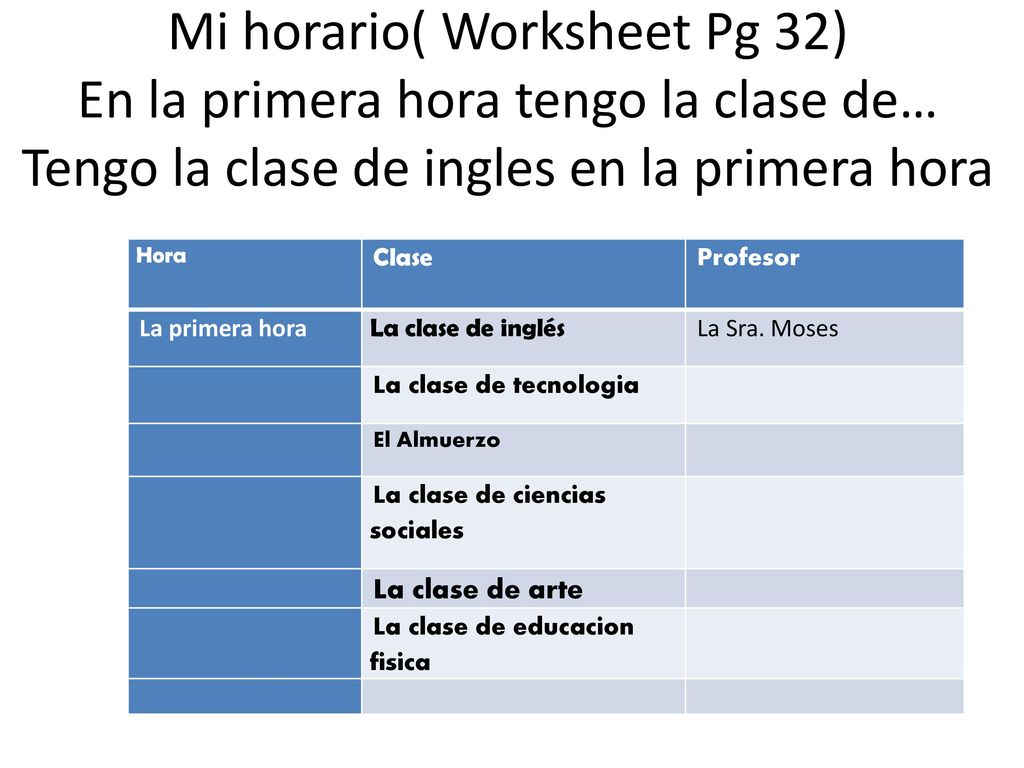 Mi horario( Worksheet Pg 32) En la primera hora tengo la clase de… Tengo la clase de ingles en la primera hora