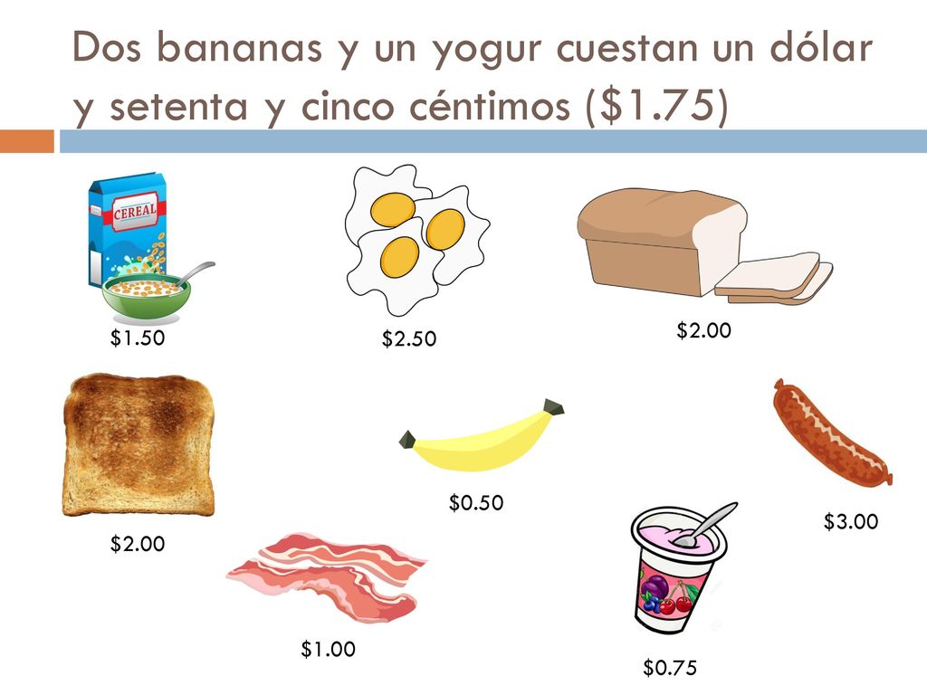 Dos bananas y un yogur cuestan un dólar y setenta y cinco céntimos ($1
