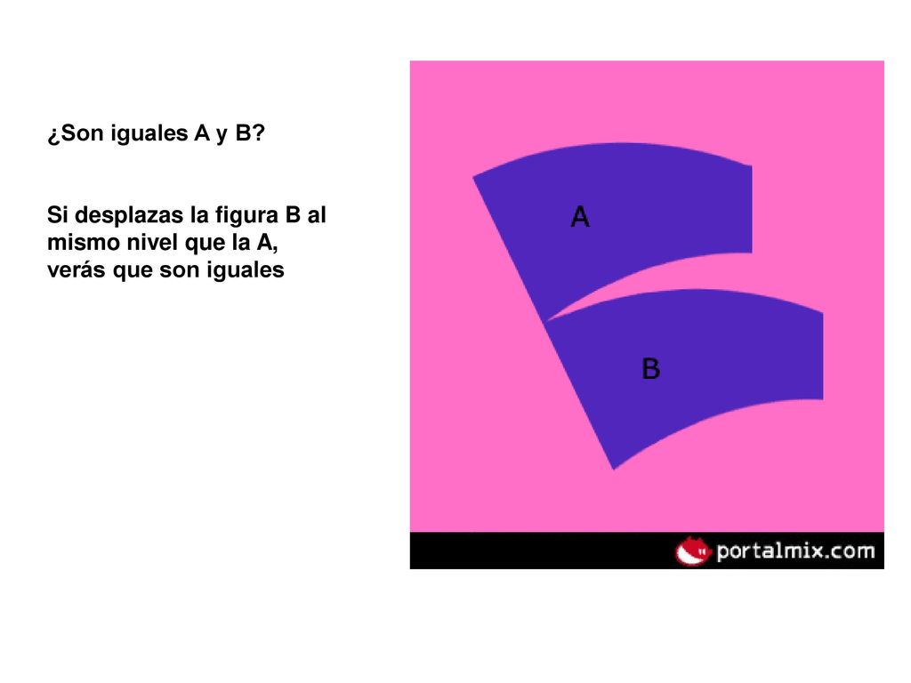 ¿Son iguales A y B Si desplazas la figura B al mismo nivel que la A, verás que son iguales