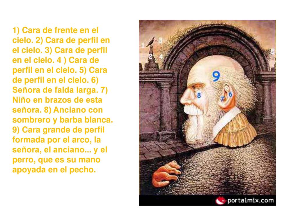 1) Cara de frente en el cielo. 2) Cara de perfil en el cielo