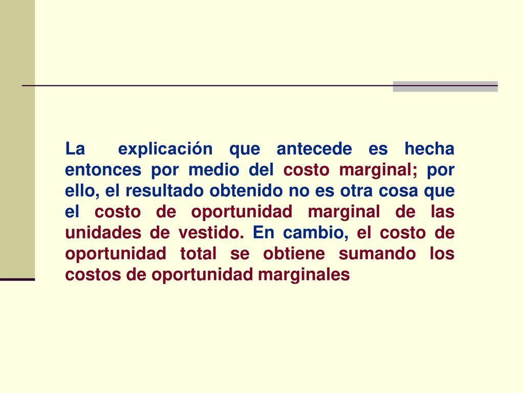 La explicación que antecede es hecha entonces por medio del costo marginal; por ello, el resultado obtenido no es otra cosa que el costo de oportunidad marginal de las unidades de vestido.