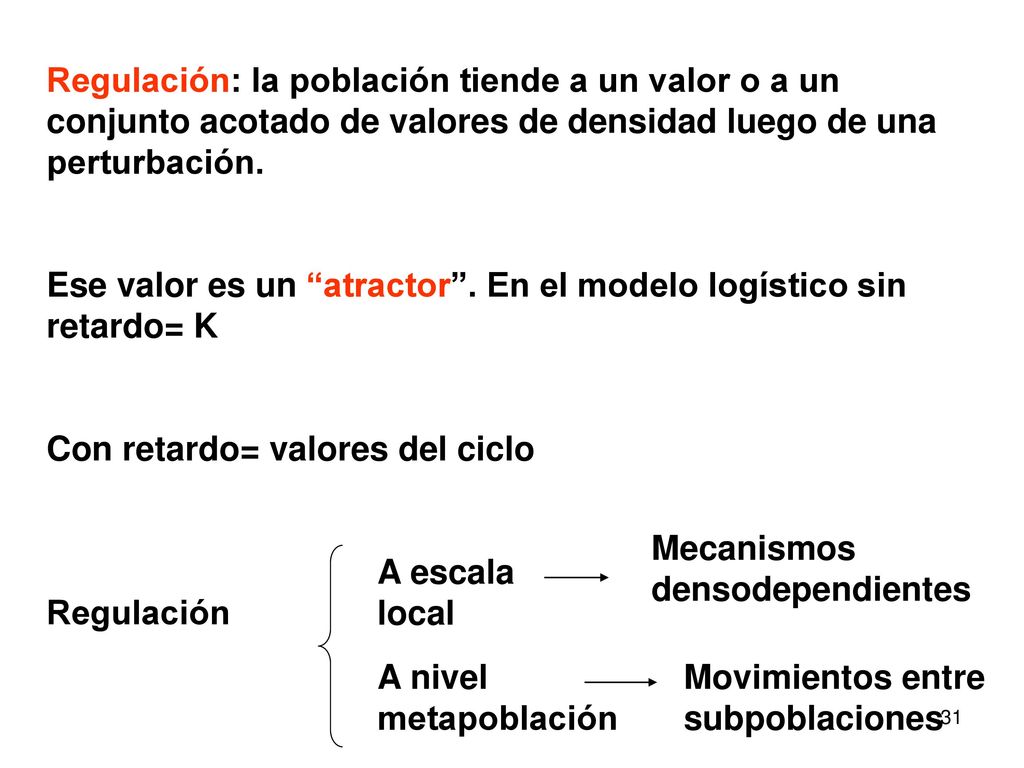 Regulación: la población tiende a un valor o a un conjunto acotado de valores de densidad luego de una perturbación.