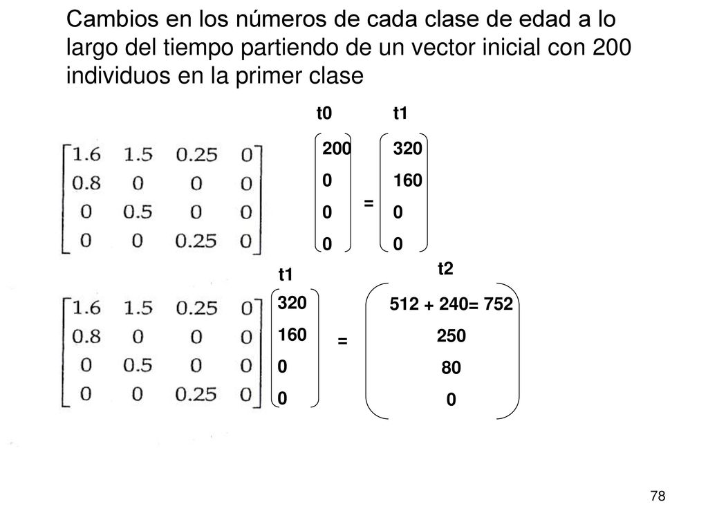 Cambios en los números de cada clase de edad a lo largo del tiempo partiendo de un vector inicial con 200 individuos en la primer clase