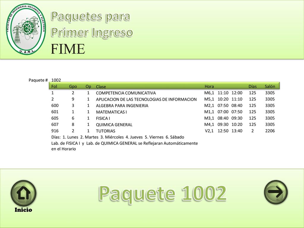 Paquete 1002 Paquetes para Primer Ingreso Inicio Paquete # 1002 Fol