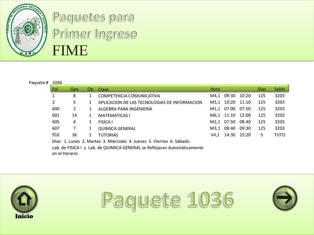 Paquete 1036 Paquetes para Primer Ingreso Inicio Paquete # 1036 Fol