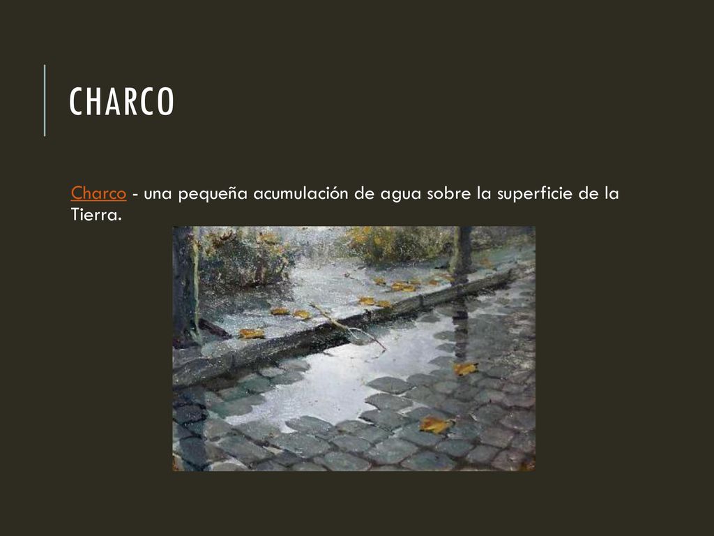 Charco Charco - una pequeña acumulación de agua sobre la superficie de la Tierra.