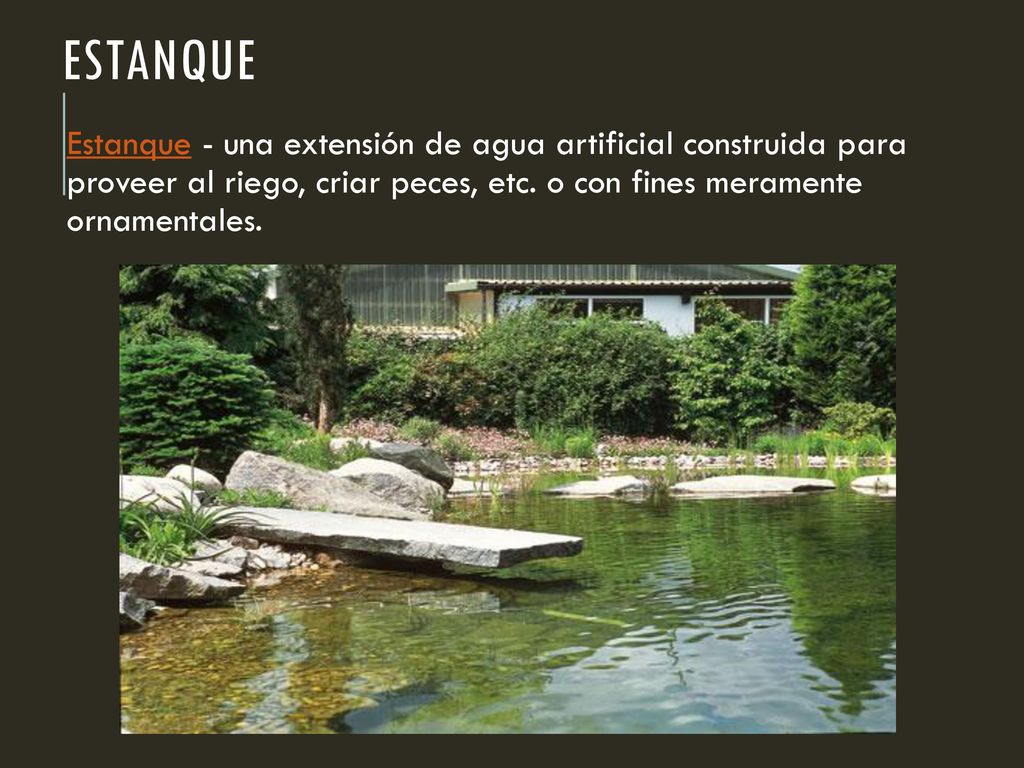 Estanque Estanque - una extensión de agua artificial construida para proveer al riego, criar peces, etc.