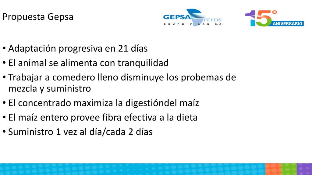 Propuesta Gepsa Adaptación progresiva en 21 días. El animal se alimenta con tranquilidad.
