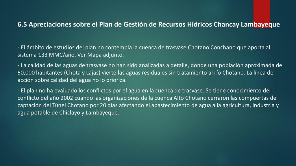 6.5 Apreciaciones sobre el Plan de Gestión de Recursos Hídricos Chancay Lambayeque