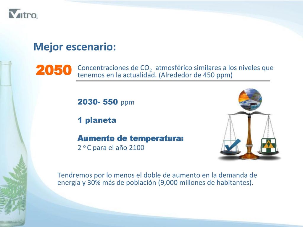 Mejor escenario: Concentraciones de CO2 atmosférico similares a los niveles que tenemos en la actualidad. (Alrededor de 450 ppm)