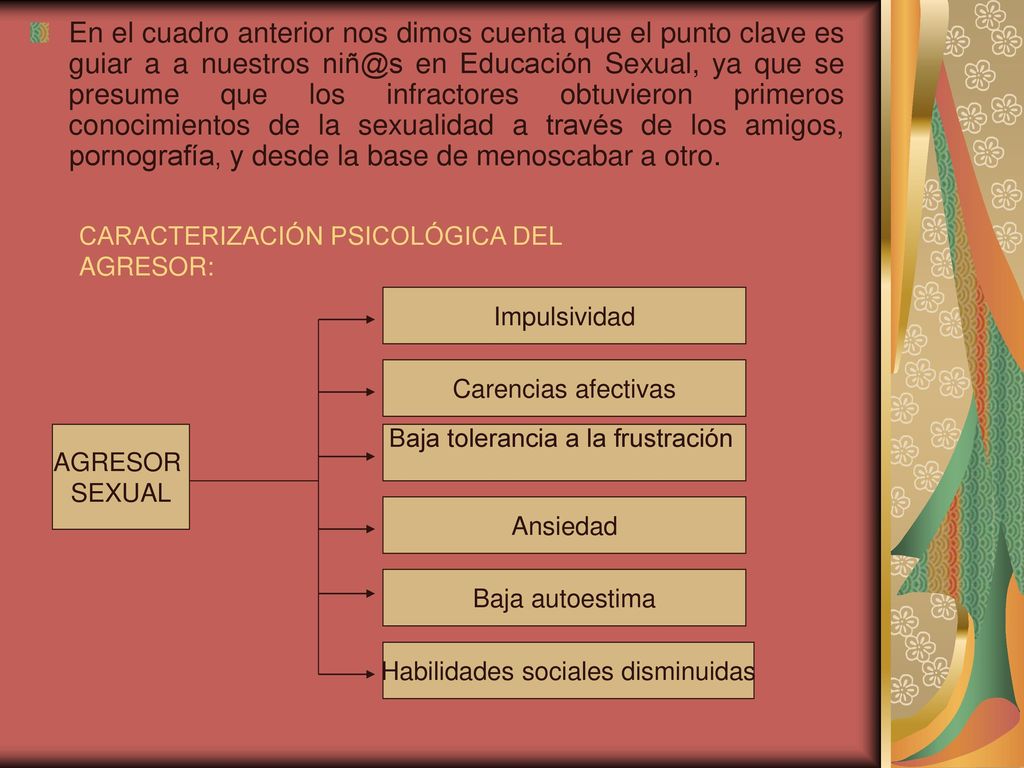 En el cuadro anterior nos dimos cuenta que el punto clave es guiar a a nuestros en Educación Sexual, ya que se presume que los infractores obtuvieron primeros conocimientos de la sexualidad a través de los amigos, pornografía, y desde la base de menoscabar a otro.