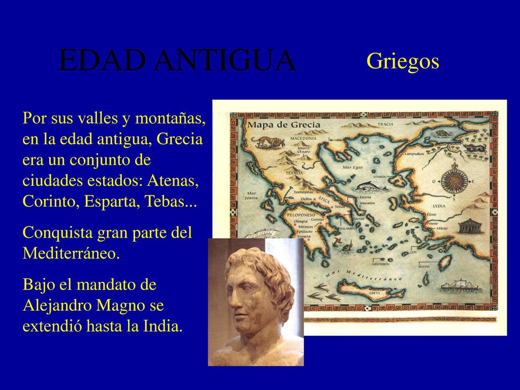 EDAD ANTIGUA Griegos. Por sus valles y montañas, en la edad antigua, Grecia era un conjunto de ciudades estados: Atenas, Corinto, Esparta, Tebas...