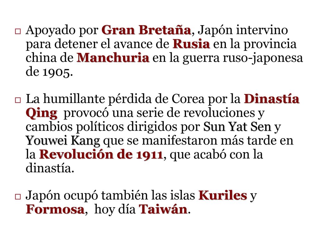 Apoyado por Gran Bretaña, Japón intervino para detener el avance de Rusia en la provincia china de Manchuria en la guerra ruso-japonesa de 1905.
