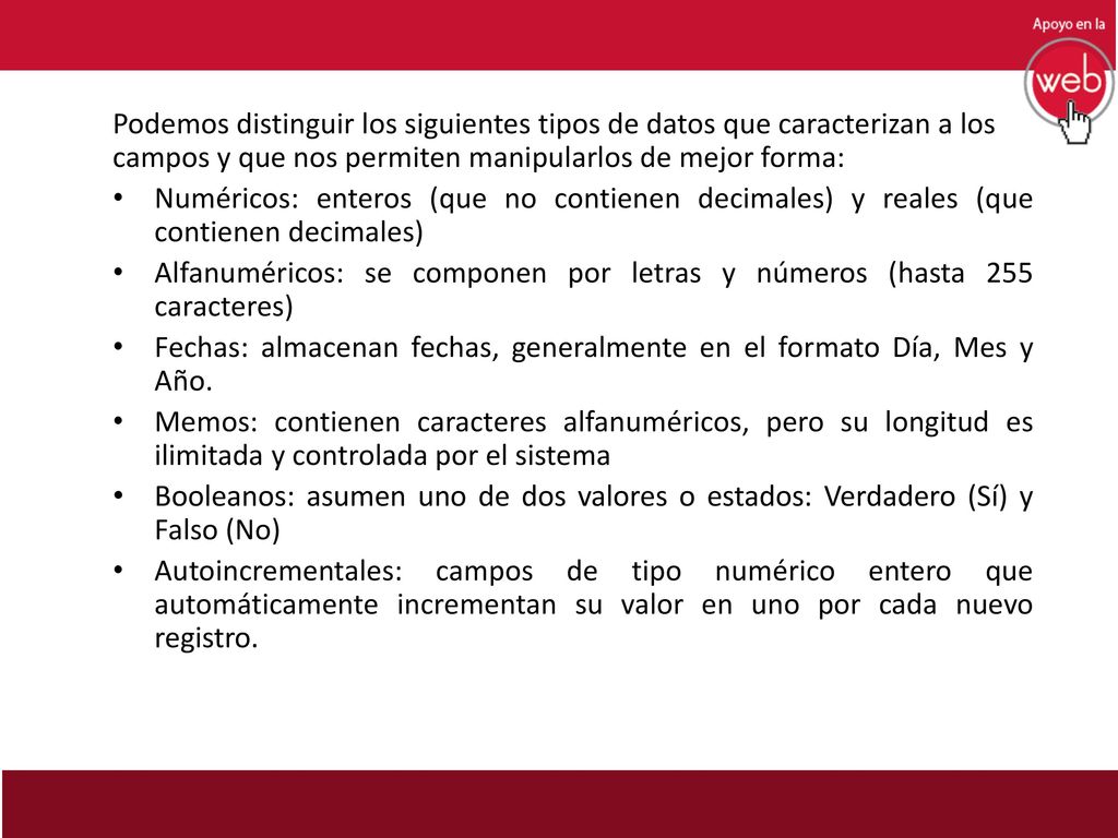 Podemos distinguir los siguientes tipos de datos que caracterizan a los campos y que nos permiten manipularlos de mejor forma: