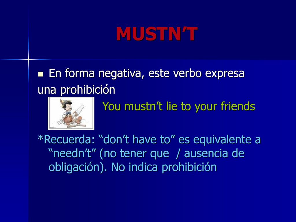 MUSTN’T En forma negativa, este verbo expresa una prohibición