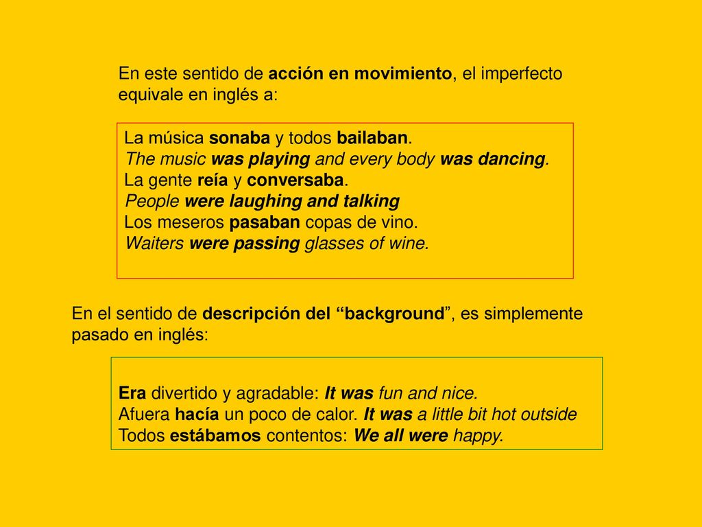 En este sentido de acción en movimiento, el imperfecto equivale en inglés a: