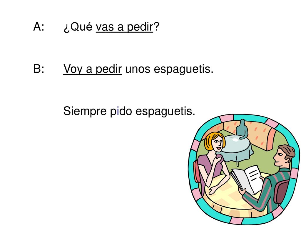 A: ¿Qué vas a pedir B: Voy a pedir unos espaguetis. Siempre pido espaguetis.