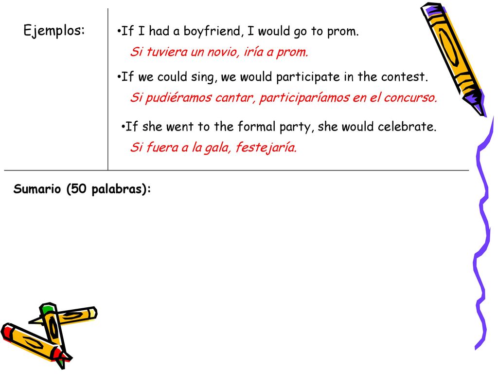 Ejemplos: If I had a boyfriend, I would go to prom.