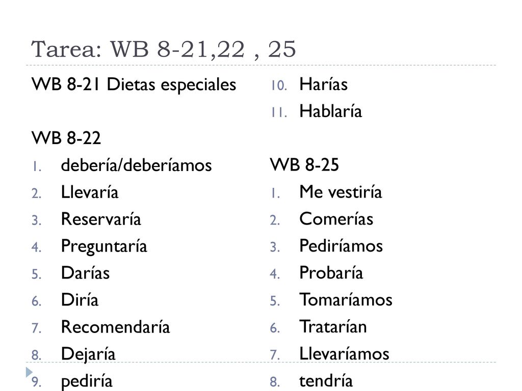 Tarea: WB 8-21,22 , 25 WB 8-21 Dietas especiales WB 8-22
