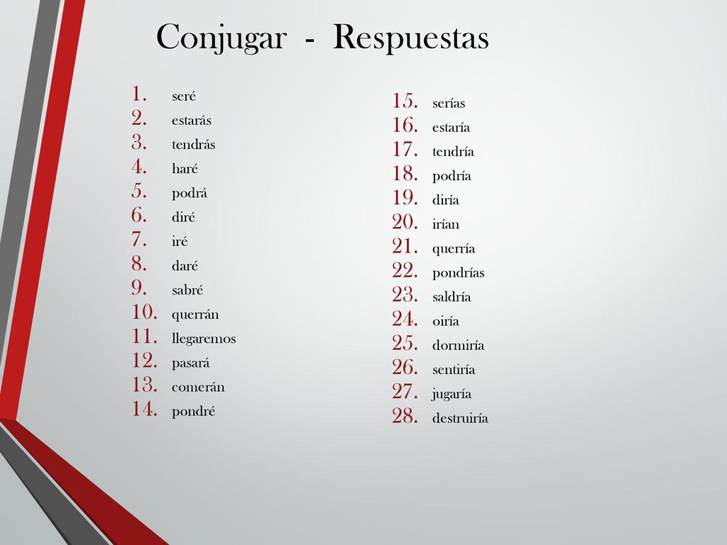 Conjugar - Respuestas seré serías estarás estaría tendrás tendría haré