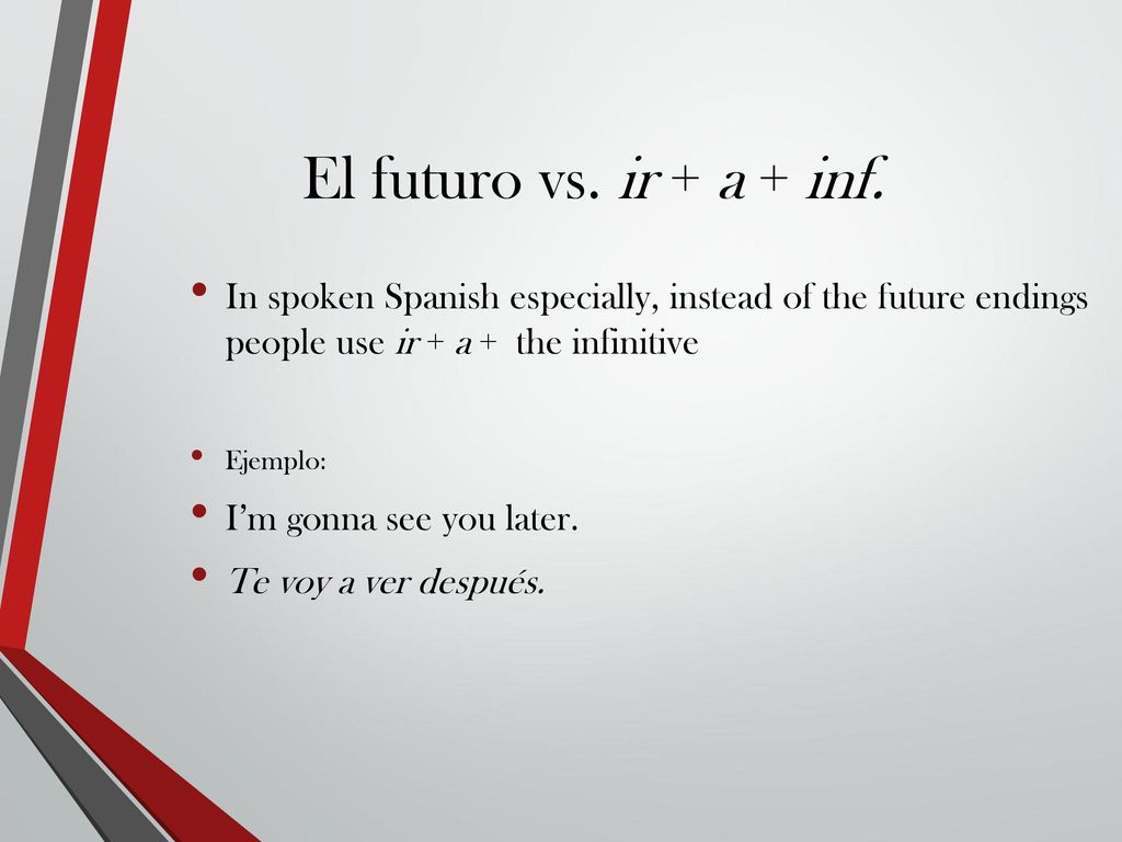 El futuro vs. ir + a + inf. In spoken Spanish especially, instead of the future endings people use ir + a + the infinitive.