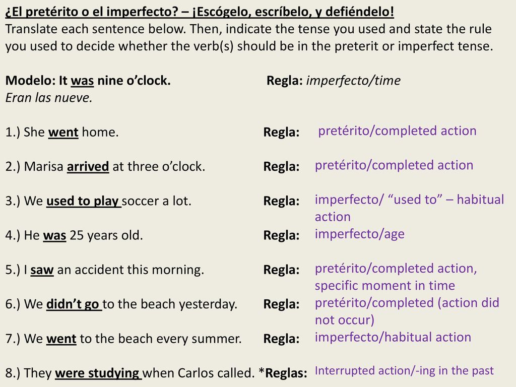 ¿El pretérito o el imperfecto – ¡Escógelo, escríbelo, y defiéndelo!