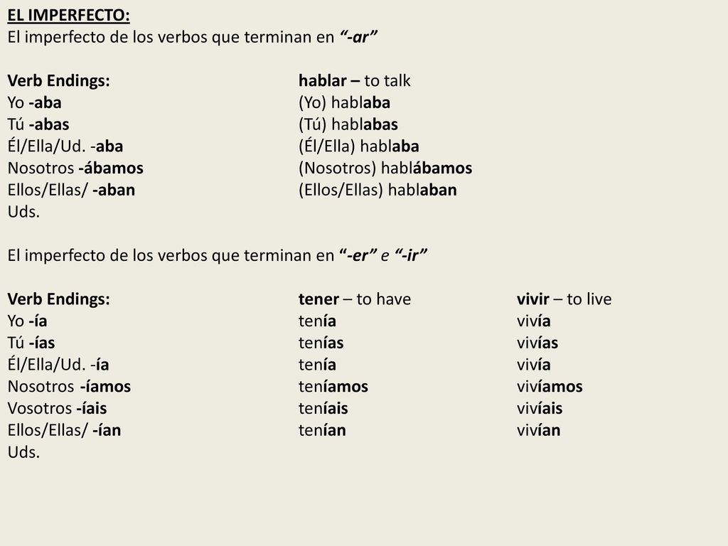 EL IMPERFECTO: El imperfecto de los verbos que terminan en -ar Verb Endings: hablar – to talk.