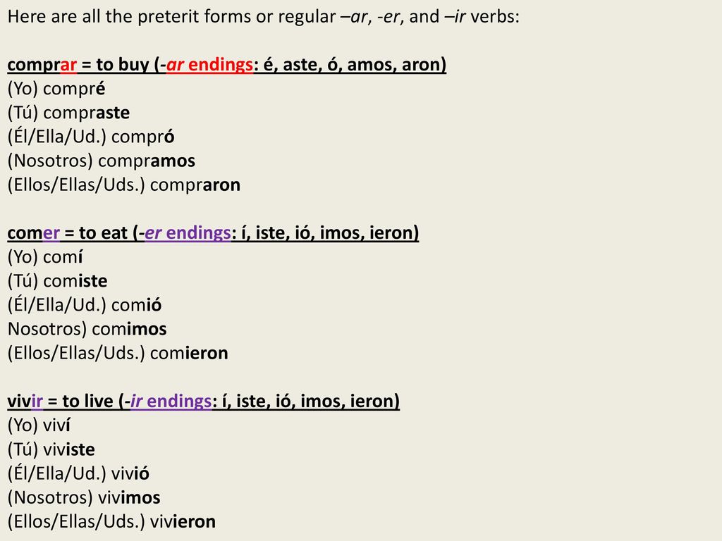 Here are all the preterit forms or regular –ar, -er, and –ir verbs:
