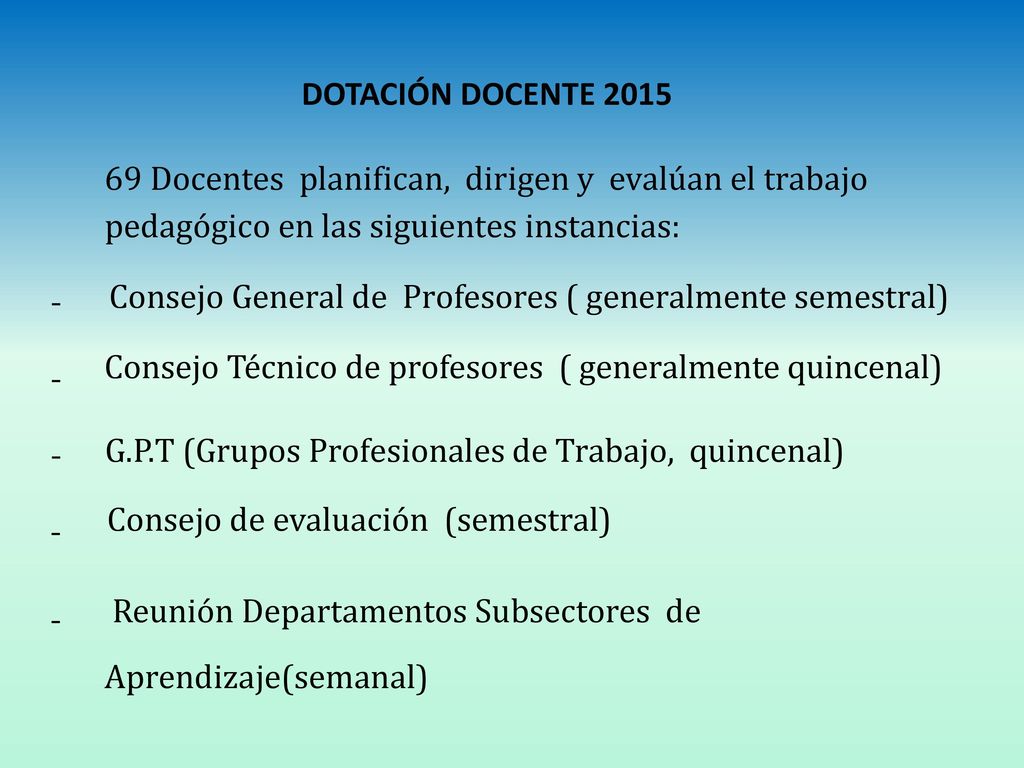 DOTACIÓN DOCENTE Docentes planifican, dirigen y evalúan el trabajo pedagógico en las siguientes instancias: