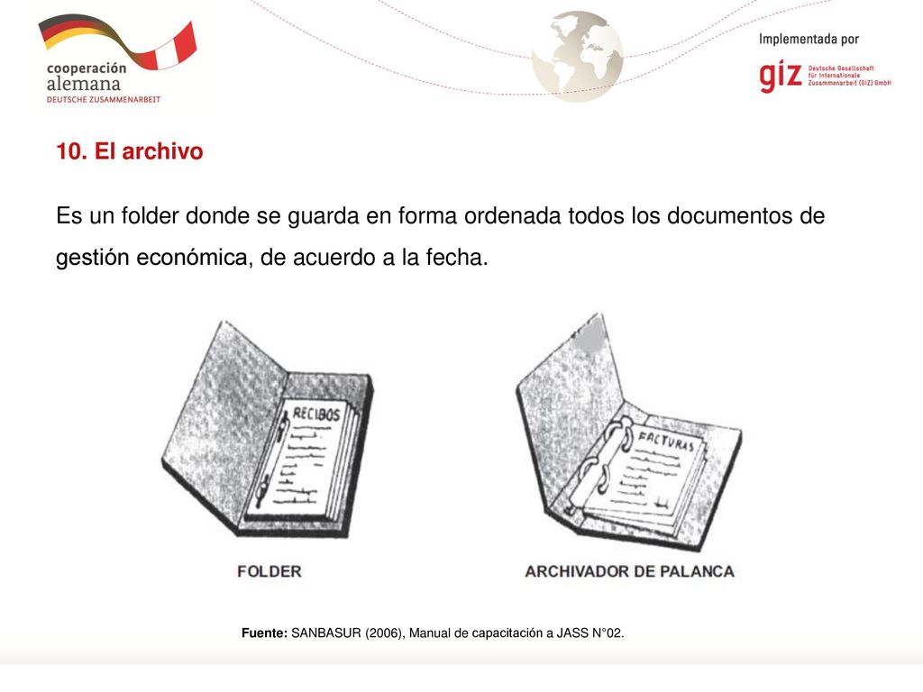 10. El archivo Es un folder donde se guarda en forma ordenada todos los documentos de gestión económica, de acuerdo a la fecha.