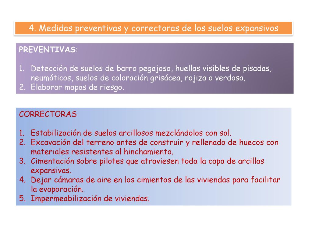 4. Medidas preventivas y correctoras de los suelos expansivos