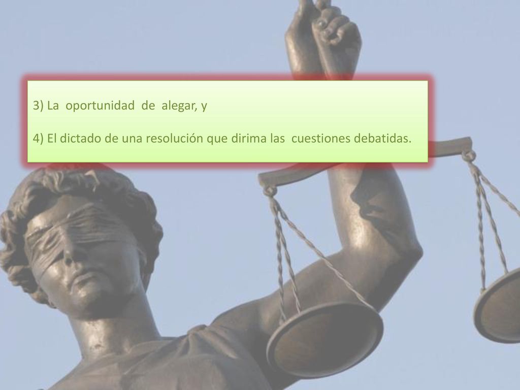 3) La oportunidad de alegar, y 4) El dictado de una resolución que dirima las cuestiones debatidas.
