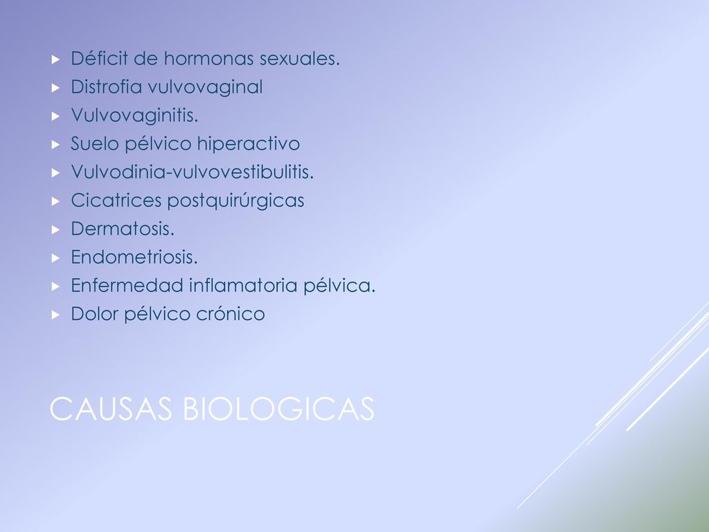 CAUSAS BIOLOGICAS Déficit de hormonas sexuales. Distrofia vulvovaginal