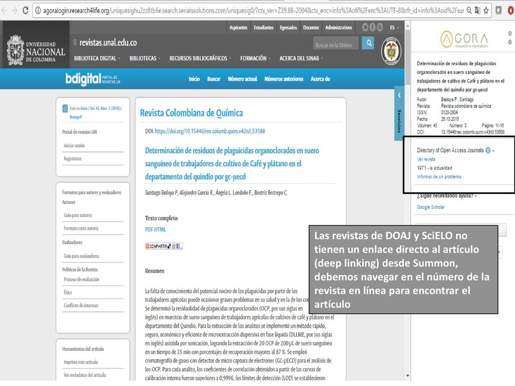 Las revistas de DOAJ y SciELO no tienen un enlace directo al artículo (deep linking) desde Summon, debemos navegar en el número de la revista en línea para encontrar el artículo