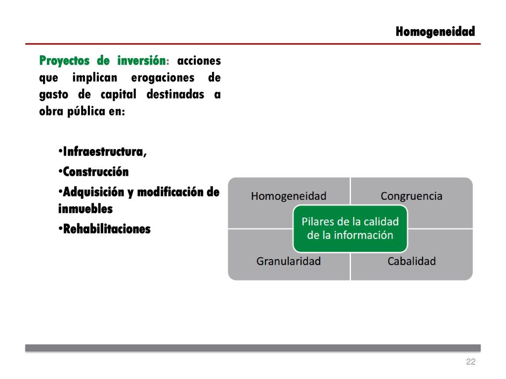 Homogeneidad Proyectos de inversión: acciones que implican erogaciones de gasto de capital destinadas a obra pública en: