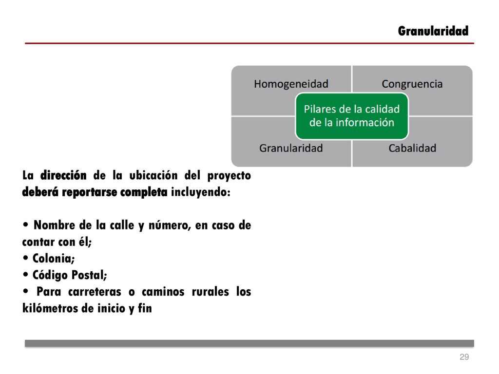 Granularidad La dirección de la ubicación del proyecto deberá reportarse completa incluyendo: