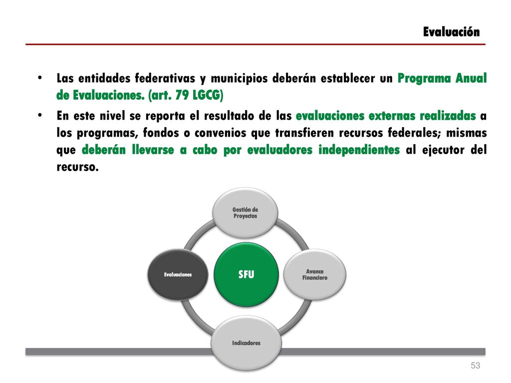 Evaluación Las entidades federativas y municipios deberán establecer un Programa Anual de Evaluaciones. (art. 79 LGCG)