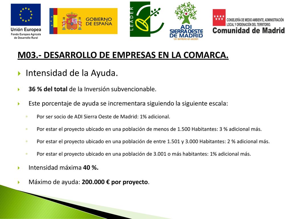 M03.- DESARROLLO DE EMPRESAS EN LA COMARCA. Intensidad de la Ayuda.