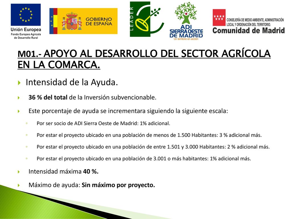 M01.- APOYO AL DESARROLLO DEL SECTOR AGRÍCOLA EN LA COMARCA.
