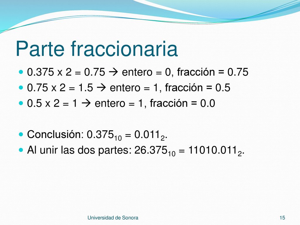 Parte fraccionaria x 2 = 0.75  entero = 0, fracción = 0.75