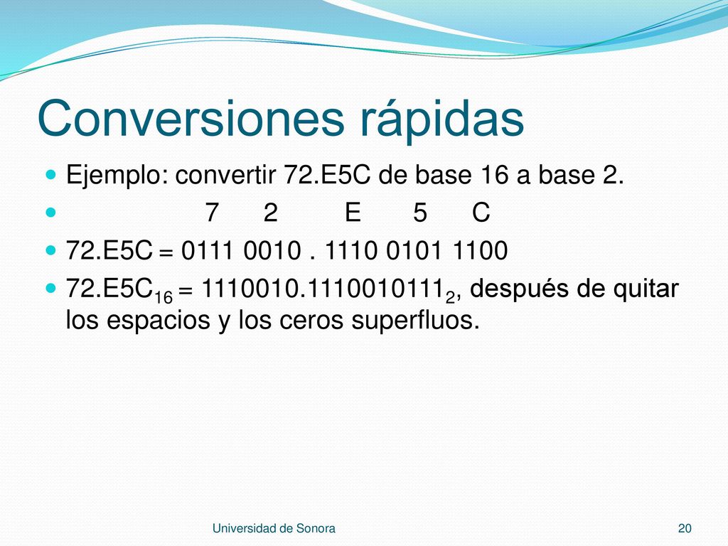 Conversiones rápidas Ejemplo: convertir 72.E5C de base 16 a base 2.
