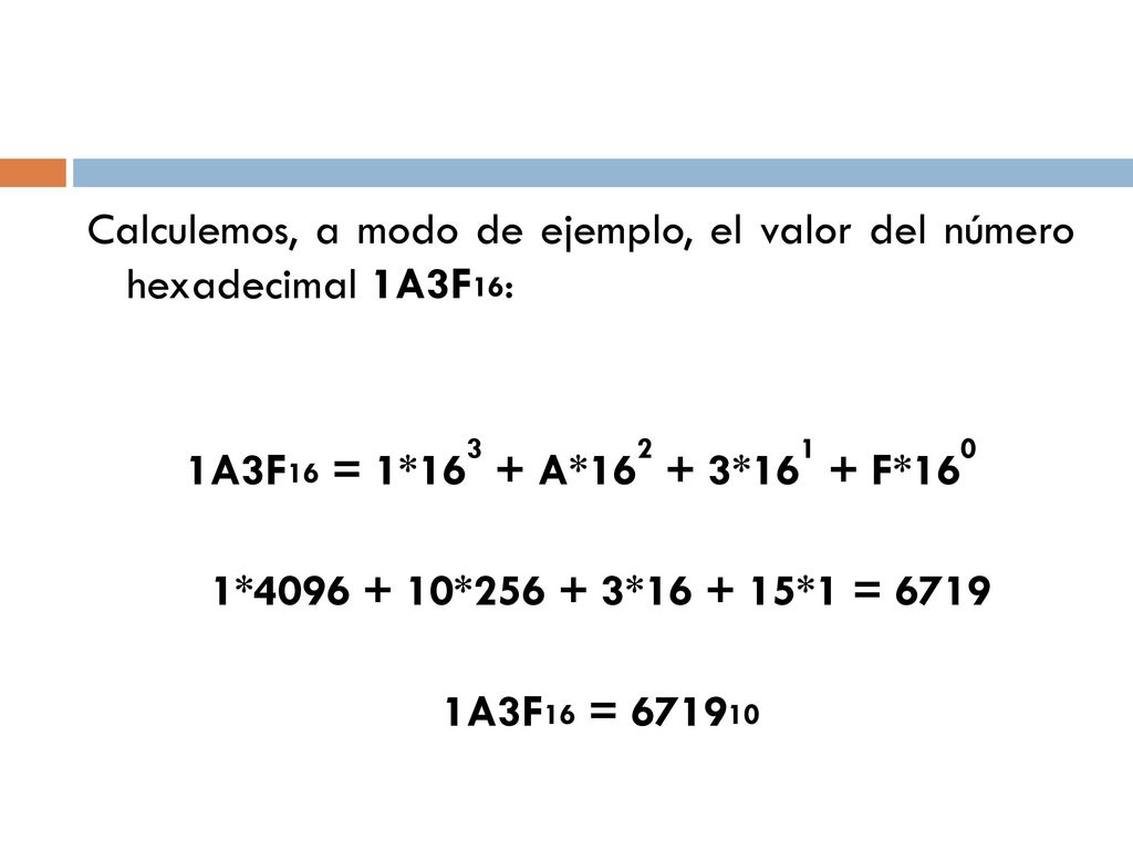 Calculemos, a modo de ejemplo, el valor del número hexadecimal 1A3F16: 1A3F16 = 1*163 + A* *161 + F*160 1* * * *1 = A3F16 =