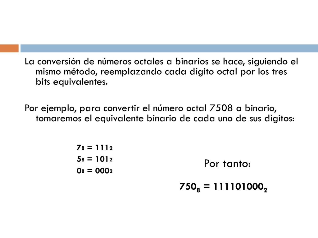 La conversión de números octales a binarios se hace, siguiendo el mismo método, reemplazando cada dígito octal por los tres bits equivalentes.