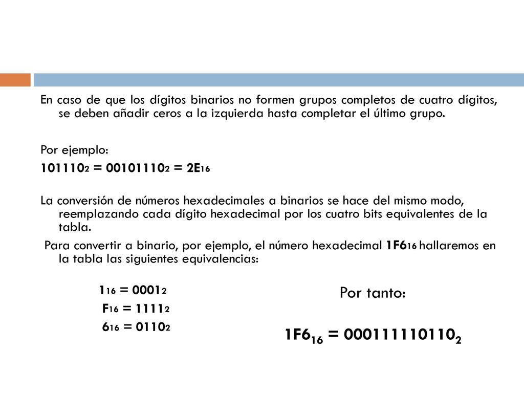 En caso de que los dígitos binarios no formen grupos completos de cuatro dígitos, se deben añadir ceros a la izquierda hasta completar el último grupo. Por ejemplo: = = 2E16 La conversión de números hexadecimales a binarios se hace del mismo modo, reemplazando cada dígito hexadecimal por los cuatro bits equivalentes de la tabla. Para convertir a binario, por ejemplo, el número hexadecimal 1F616 hallaremos en la tabla las siguientes equivalencias: 116 = F16 = =