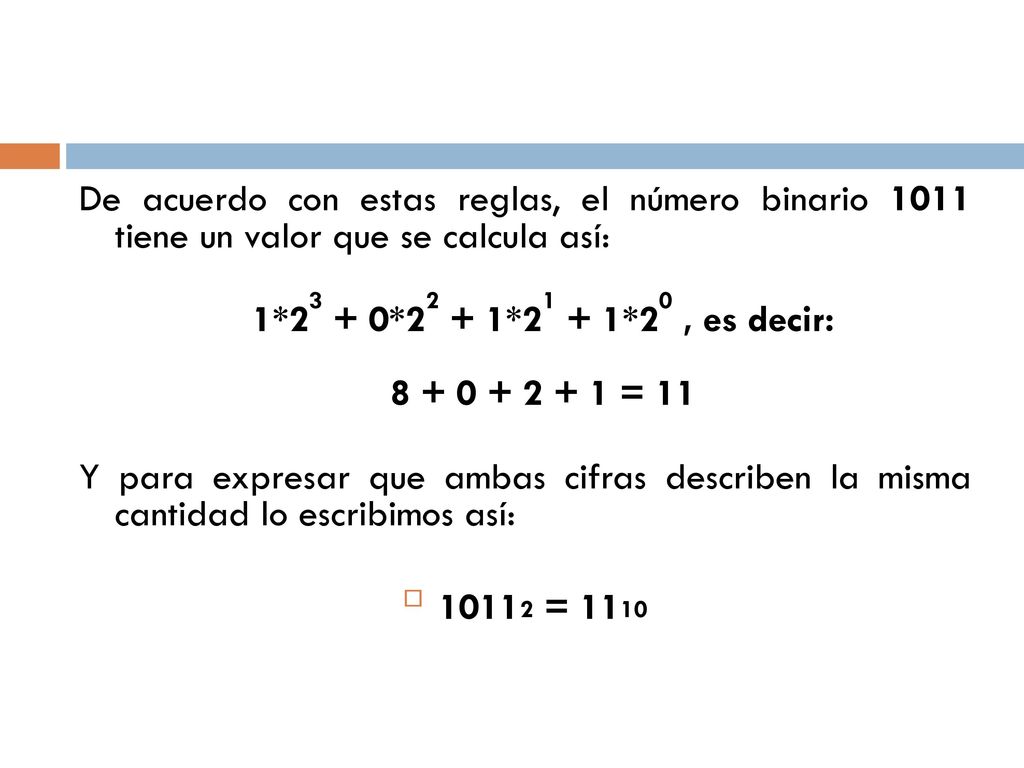 De acuerdo con estas reglas, el número binario 1011 tiene un valor que se calcula así: