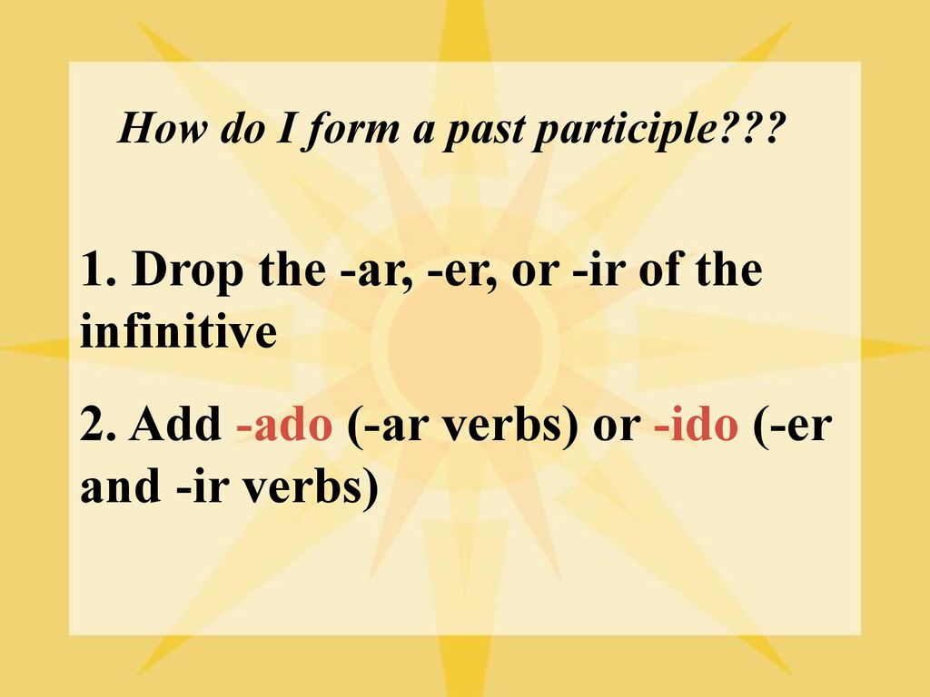 1. Drop the -ar, -er, or -ir of the infinitive