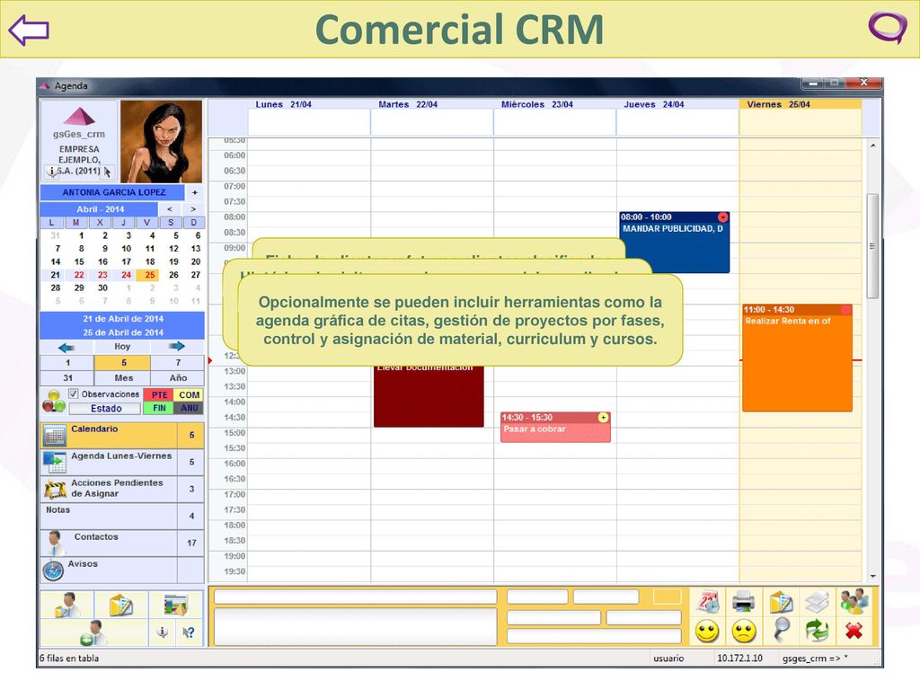 Comercial CRM Ficha de clientes y futuros clientes clasificados por actividades, sectores y subsectores.